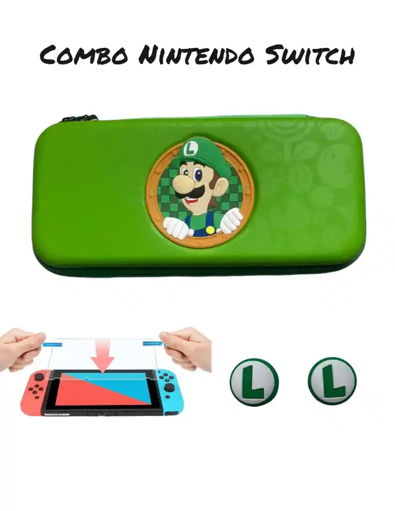 Estuche De Diseño Mario Luigui + 2 Grips + Vidrio Nintendo Switch