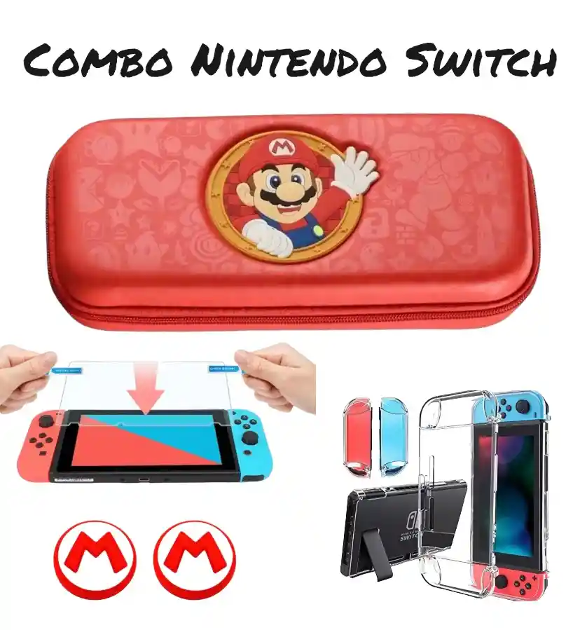 Estuche De Mario Rojo + Acrilico + 2 Grips + Vidrio Nint. Switch