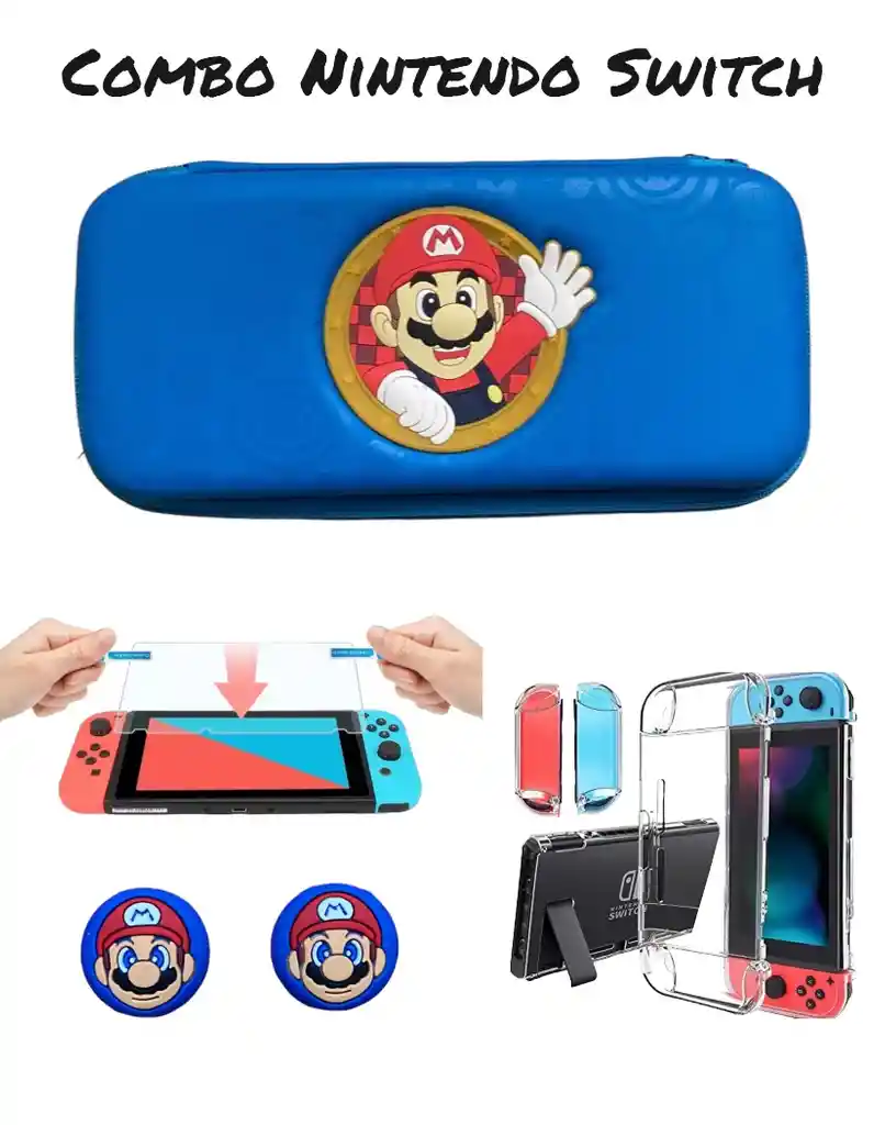 Estuche De Mario Azul + Acrilico + 2 Grips + Vidrio Nint. Switch