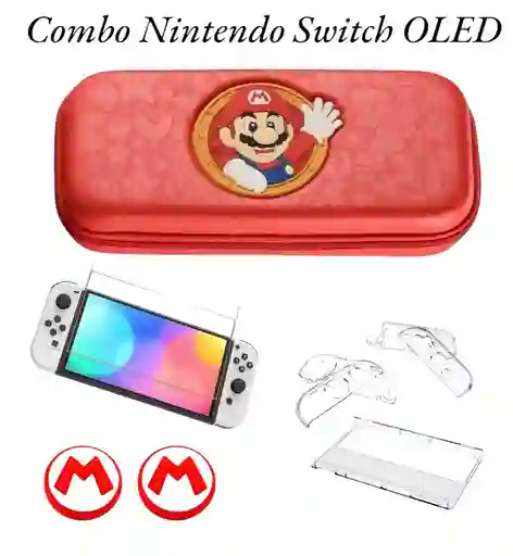 Estuche De Mario Rojo + Acrilico + 2 Grips + Vidrio Switch Oled