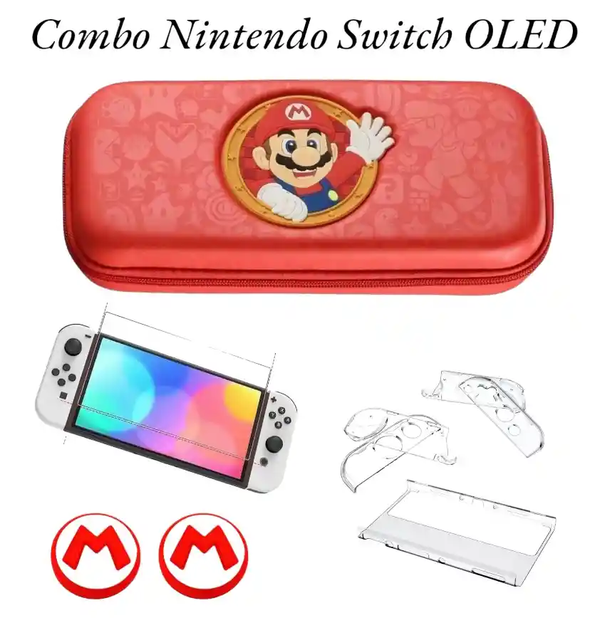 Estuche De Mario Rojo + Acrilico + 2 Grips + Vidrio Switch Oled