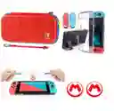 Estuche De Mario Rojo/azul + Acrilico + 2 Grips + Vidrio Nint. Switch