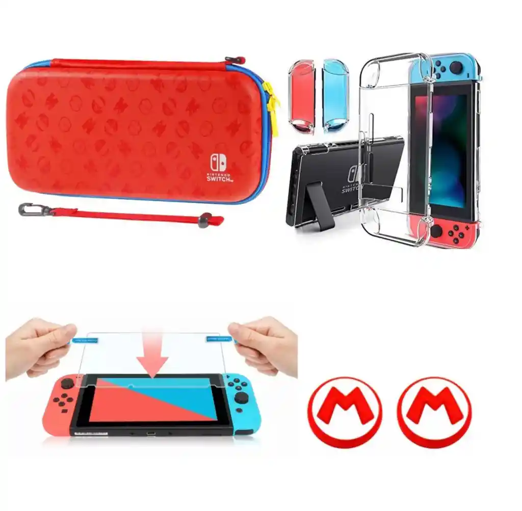 Estuche De Mario Rojo/azul + Acrilico + 2 Grips + Vidrio Nint. Switch