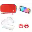 Estuche De Mario Rojo/azul + Acrilico + 2 Grips + Vidrio Switch Oled