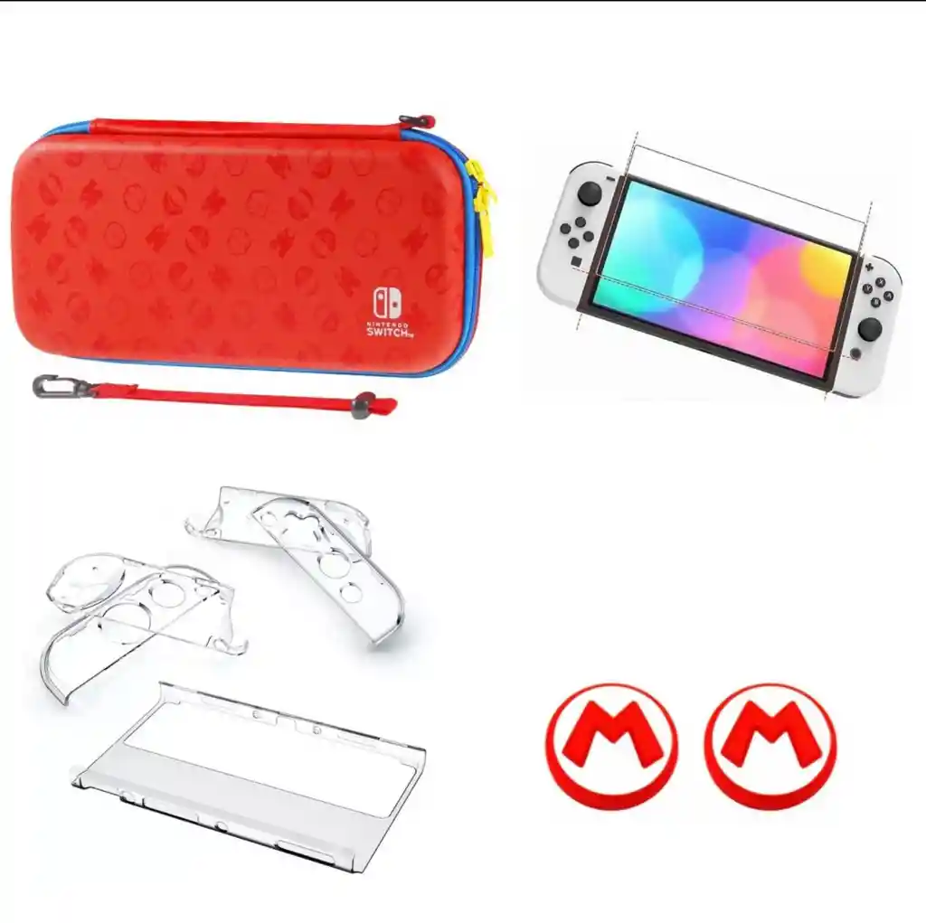 Estuche De Mario Rojo/azul + Acrilico + 2 Grips + Vidrio Switch Oled