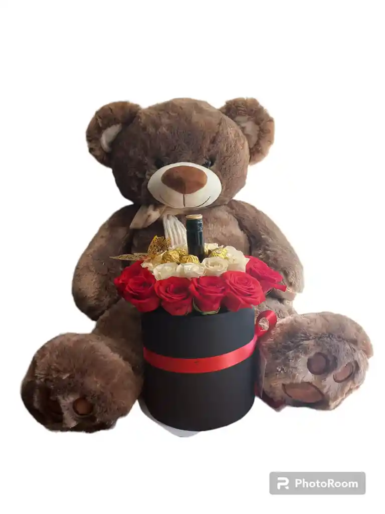 Oso De 80 Cm Mas Caja De Rosas Blancas Rojas Y Baileys 375 Ml