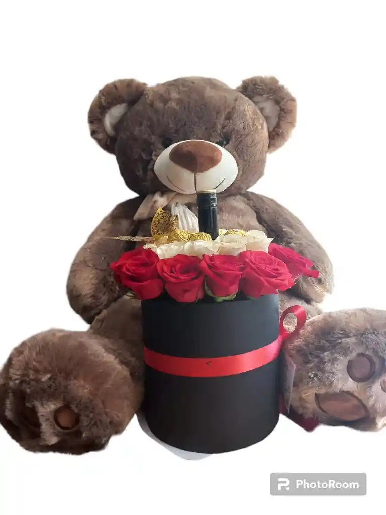 Oso De 80 Cm Mas Caja De Rosas Blancas Rojas Y Baileys 375 Ml