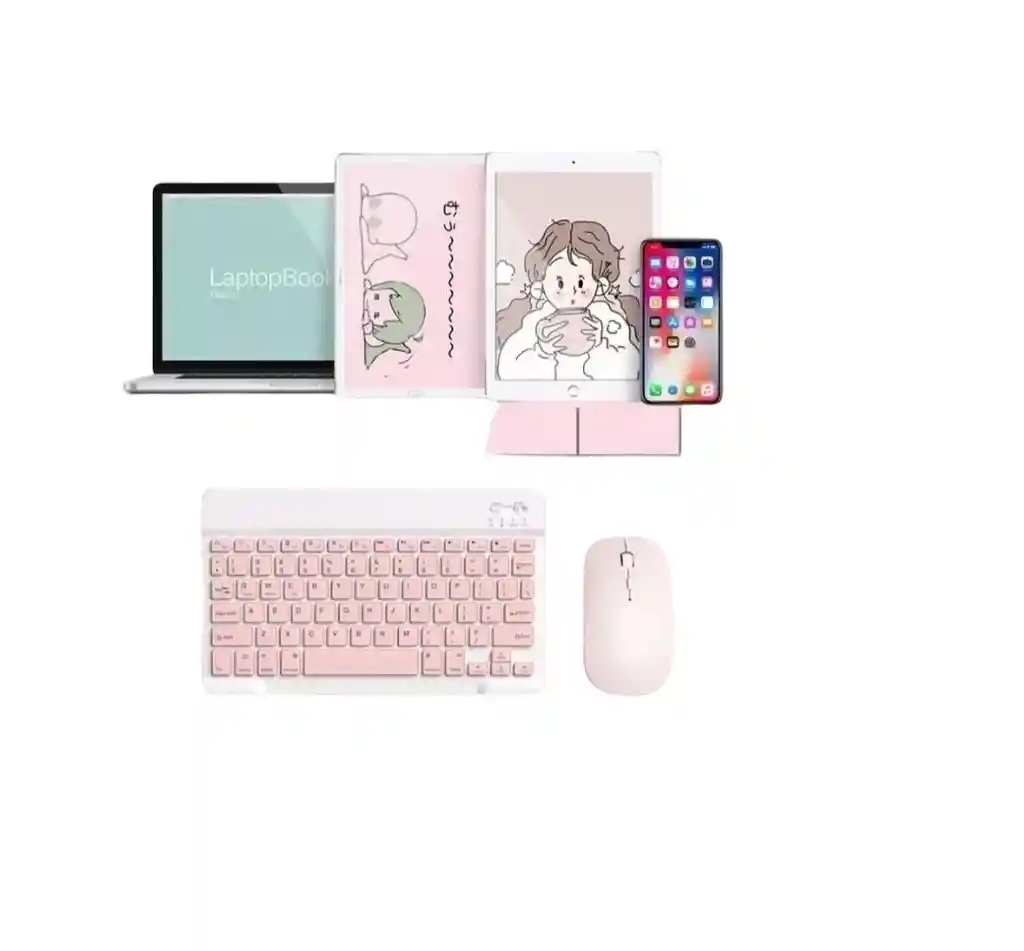 Kit Mouse Y Teclado Bluetooth Tablet - Pc - Celular 10 Rosado