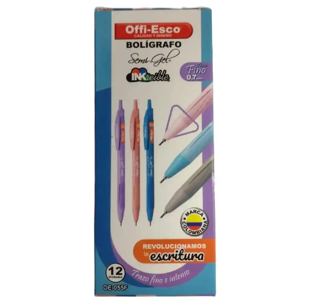 Boligrafo Semi Gel Negro 0.7 X 12 Offi Esco Colores Surtidos Pastel