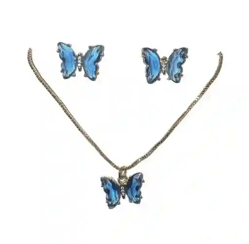 Juego Cadena Y Aretes Diseño Mariposa Azul
