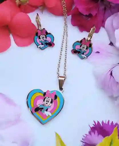 Trio Cadena Y Aretes Diseño Minnie Mouse