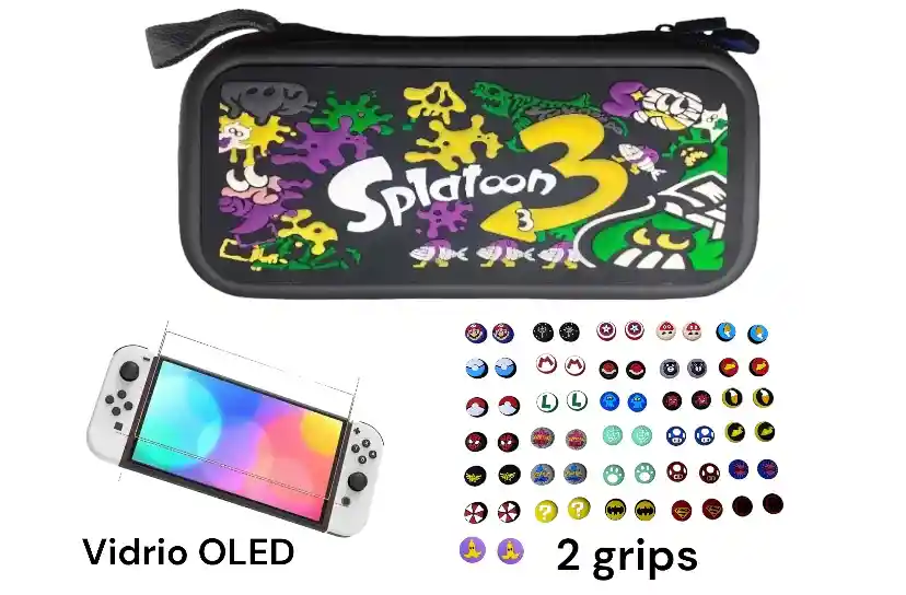 Estuche Rígido Splatoon 3 + 2caps + Vidrio Nint. Switch Oled