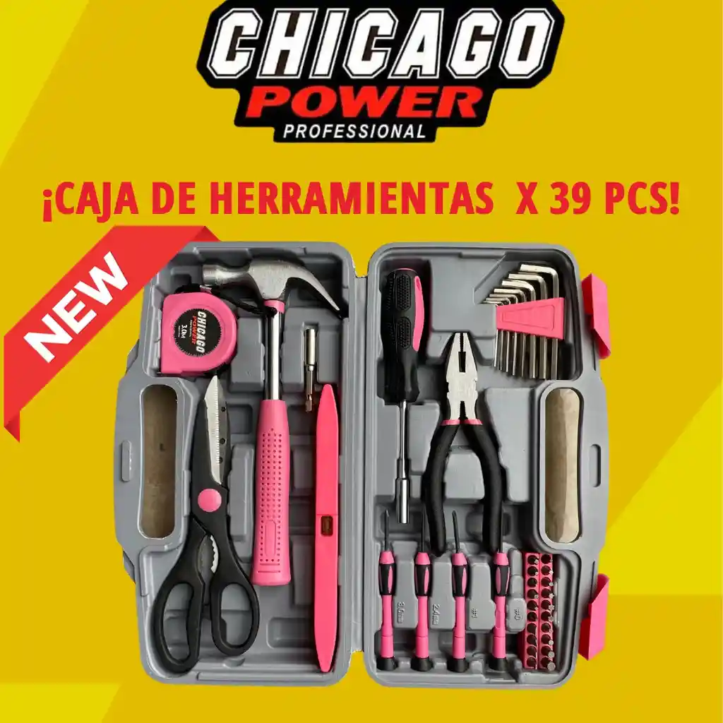 Caja De Herramientas 39 Piezas Chicago Power Rosado