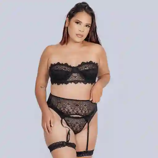 Talla 38/ Xl Conjunto De Lencería Negro Fuego Con Liguero Y Ligas