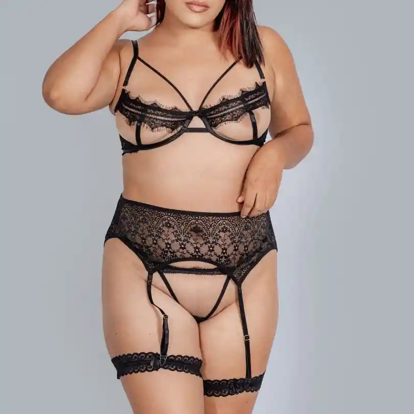 Talla 34/ M Conjunto De Lencería Negro Hechizo Con Liguero Y Ligas