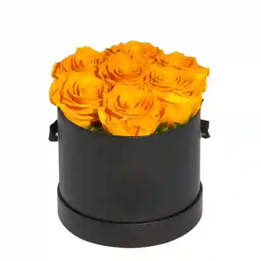 Caja Top Cilíndrica Negra Premium Con Rosas Mini Amarillas