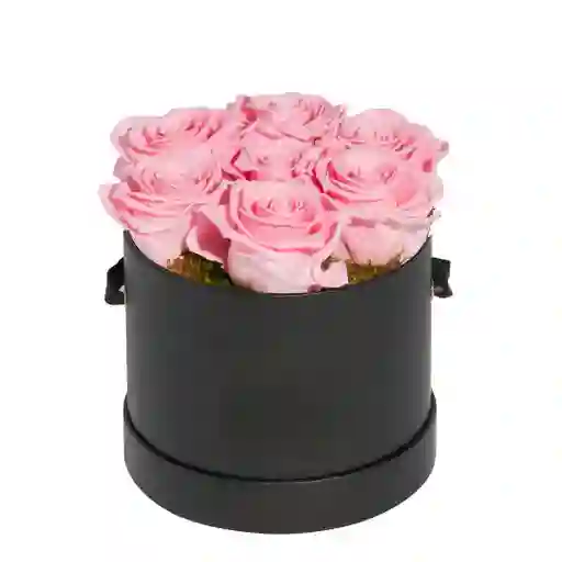Caja Top Cilíndrica Negra Premium Con Rosas Mini Rosadas