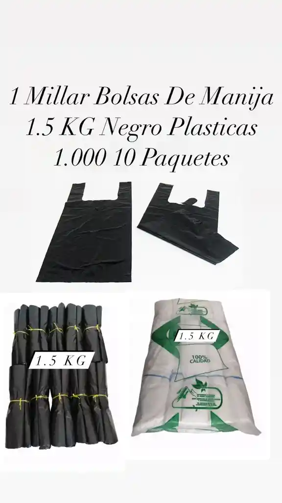 1 Millar Bolsas De Manija 1.5 Kg Negro Plasticas 1.000 10 Paquetes
