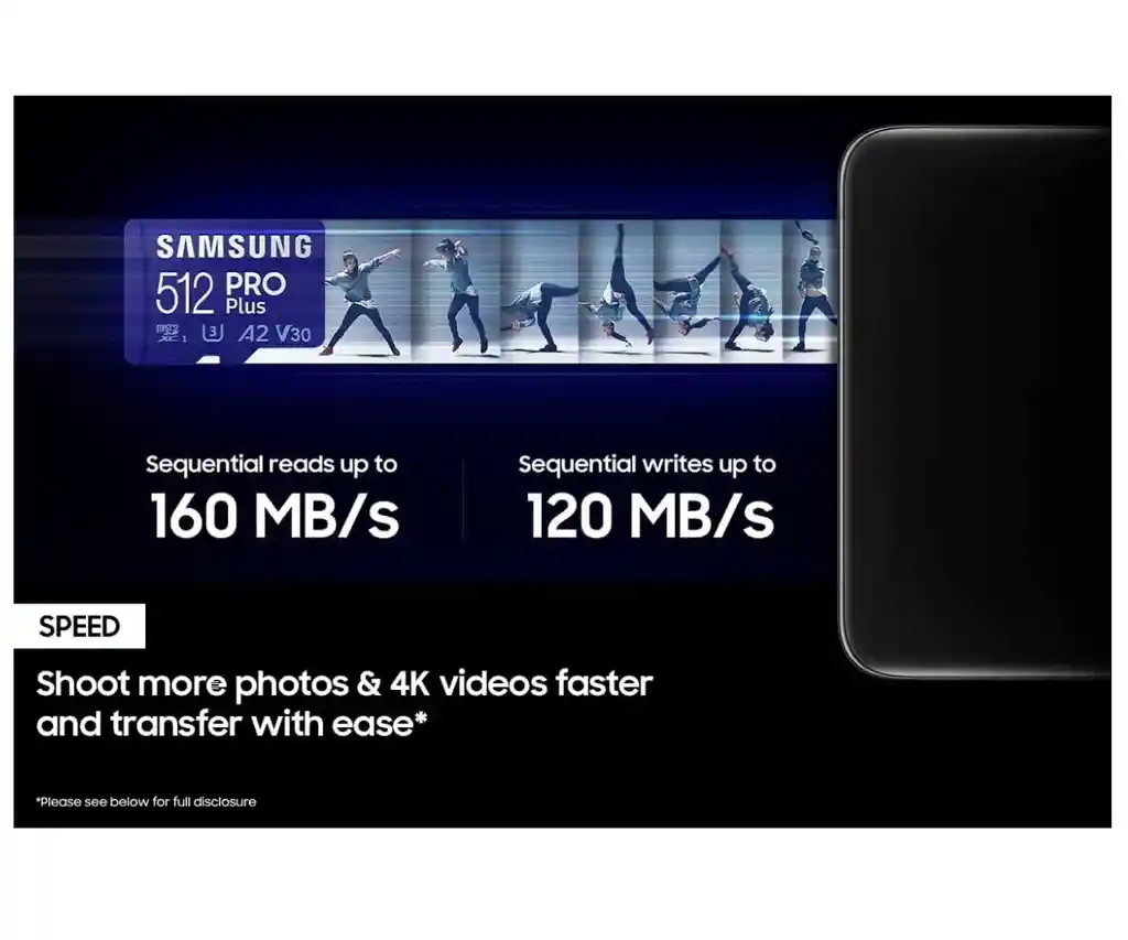 Samsung Pro Plus 512gb 4k U3 A2 V30 160mb/s + Adaptador Sd