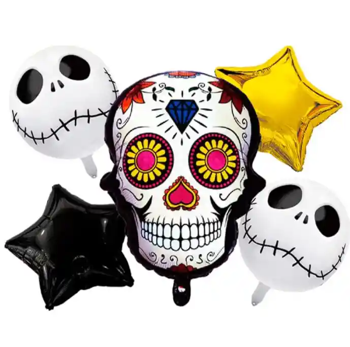 Globos Halloween Catrina Y Jack Metalizados Set Por 5