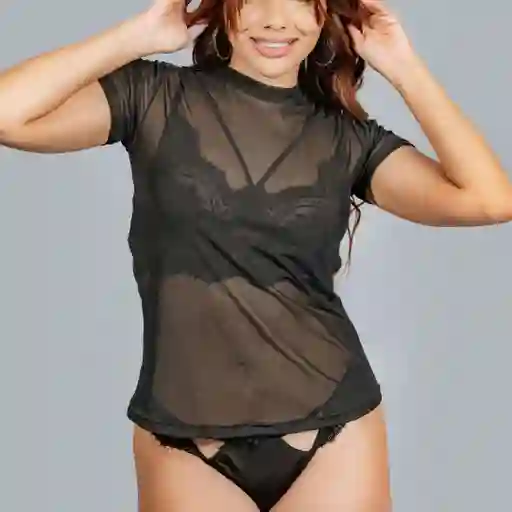 Talla 34/ M Blusa De Malla Negra Transparente Carlota Manga Corta