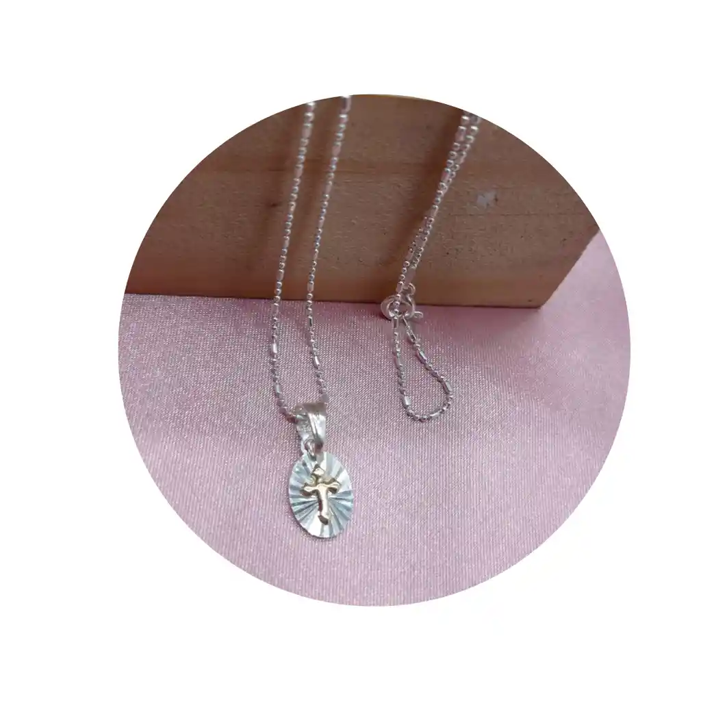 Cadena Mas Dije Ovalado Cruz Laminilla Oro Plata 925