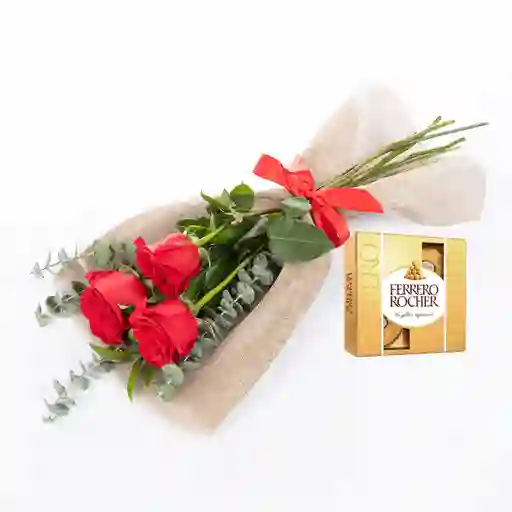Bouquet De 3 Rosas Rojas Combo Chocolate Con Ferrero Rocher Pequeño