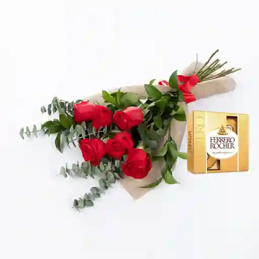 Bouquet 6 Rosas Rojas Combo Chocolate Con Ferrero Rocher Pequeño