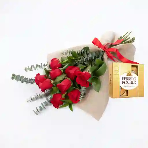 Bouquet 9 Rosas Rojas Combo Chocolate Con Ferrero Rocher Pequeño