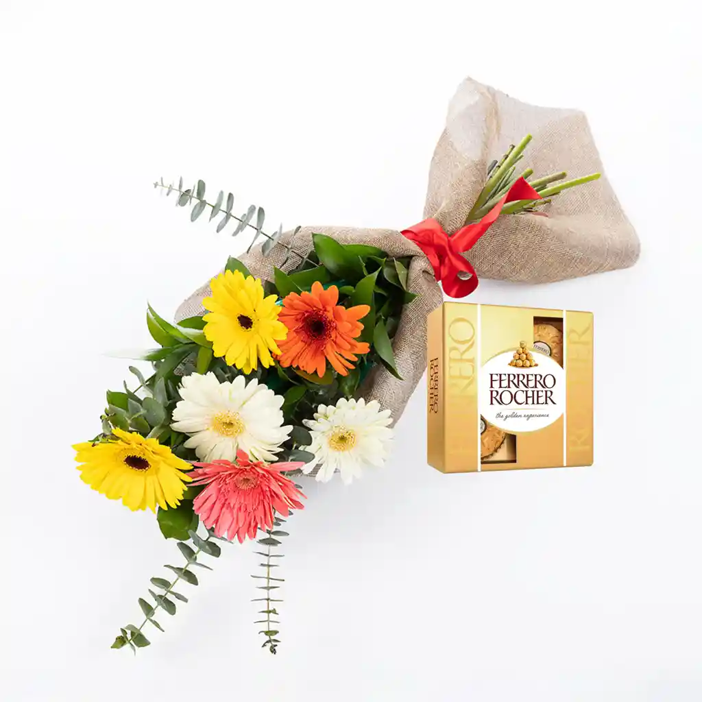 Bouquet De Gerberas, Claveles Y Astromelias Combo Chocolate Con Ferrero Rocher Pequeño