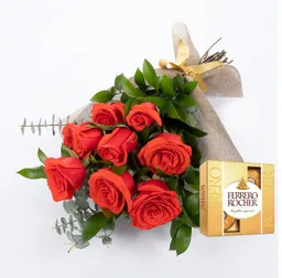 Bouquet 9 Rosas Naranja/ Amarillas Combo Chocolate Con Ferrero Rocher Pequeño