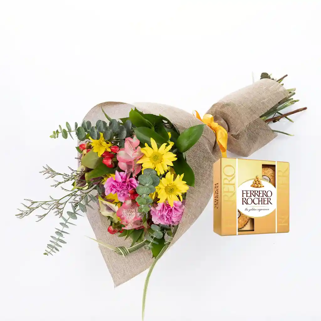 Bouquet De Flores Surtidas Con Margaritas Y Claveles Combo Chocolate Con Ferrero Rocher Pequeño
