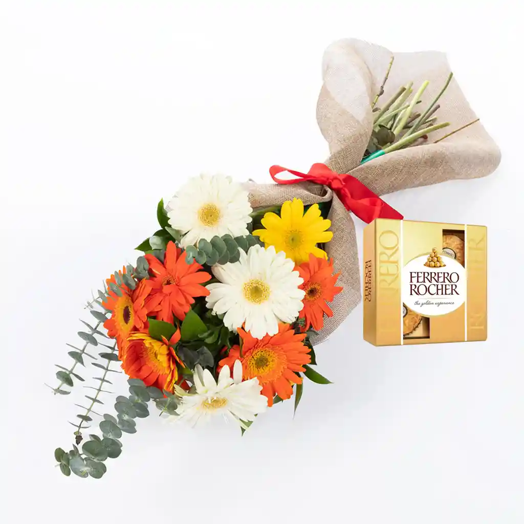 Bouquet De 9 Gerberas Combo Chocolate Con Ferrero Rocher Pequeño