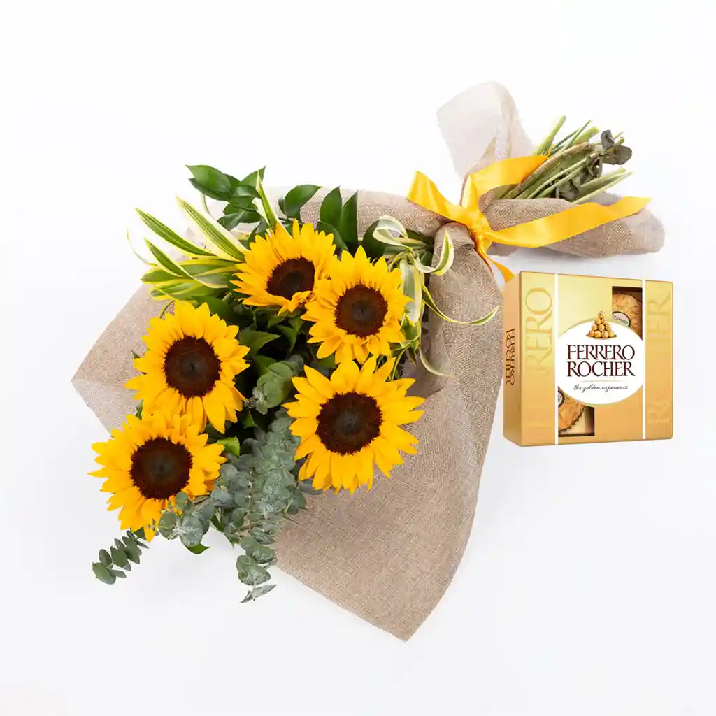 Bouquet De 5 Girasoles Combo Chocolate Con Ferrero Rocher Pequeño