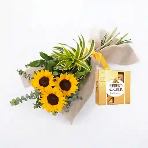 Bouquet De 3 Girasoles Combo Chocolate Con Ferrero Rocher Pequeño