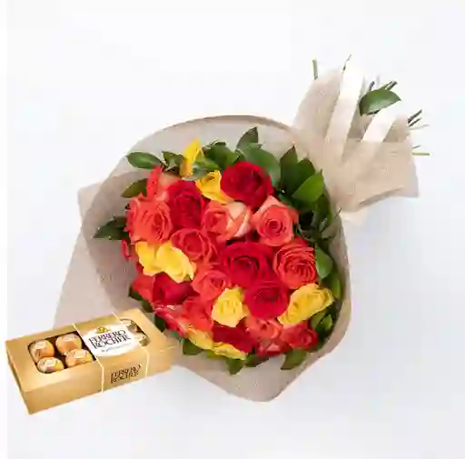 Bouquet 30 Rosas Mix Combo Chocolate Con Ferrero Rocher X 8 Unidades