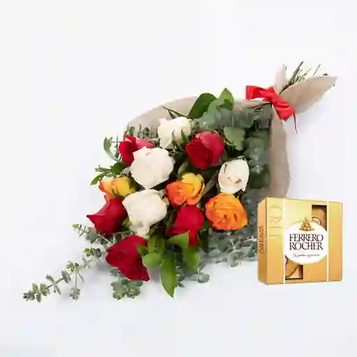 Bouquet 12 Rosas Mix Combo Chocolate Con Ferrero Rocher Pequeño
