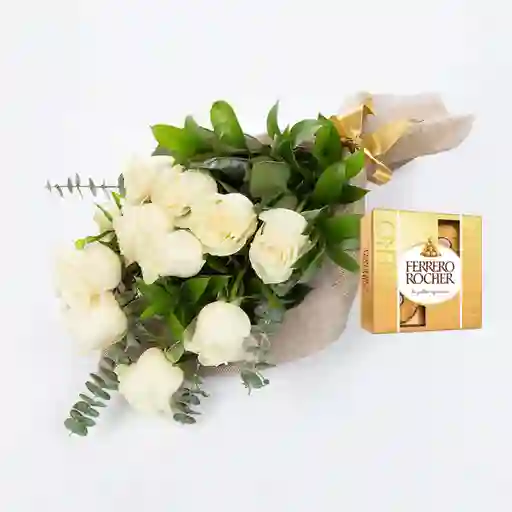 Bouquet 12 Rosas Blancas Combo Chocolate Con Ferrero Rocher Pequeño