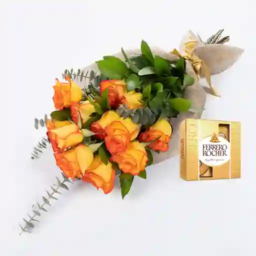 Bouquet 12 Rosas Amarillas / Naranja Combo Chocolate Con Ferrero Rocher Pequeño