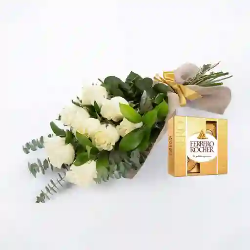 Bouquet 9 Rosas Blancas Combo Chocolate Con Ferrero Rocher Pequeño