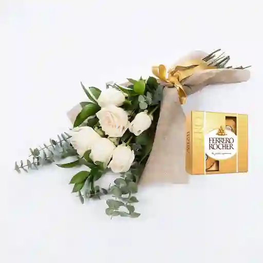 Bouquet 6 Rosas Blancas Combo Chocolate Con Ferrero Rocher Pequeño
