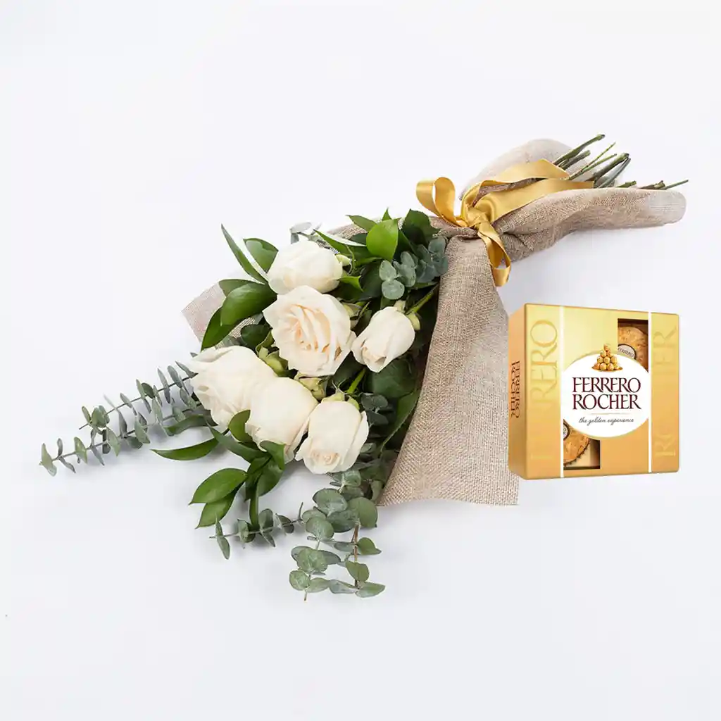 Bouquet 6 Rosas Blancas Combo Chocolate Con Ferrero Rocher Pequeño