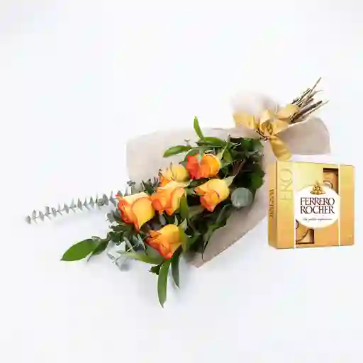 Bouquet 6 Rosas Amarillas / Naranja Combo Chocolate Con Ferrero Rocher Pequeño