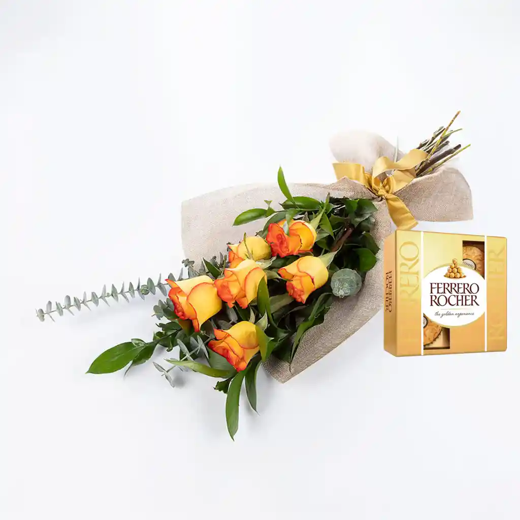 Bouquet 6 Rosas Amarillas / Naranja Combo Chocolate Con Ferrero Rocher Pequeño