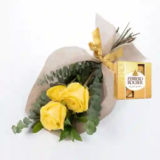Bouquet 3 Rosas Amarilla/naranja Combo Chocolate Con Ferrero Rocher Pequeño