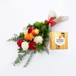 Bouquet 9 Rosas Mix Combo Chocolate Con Ferrero Rocher Pequeño
