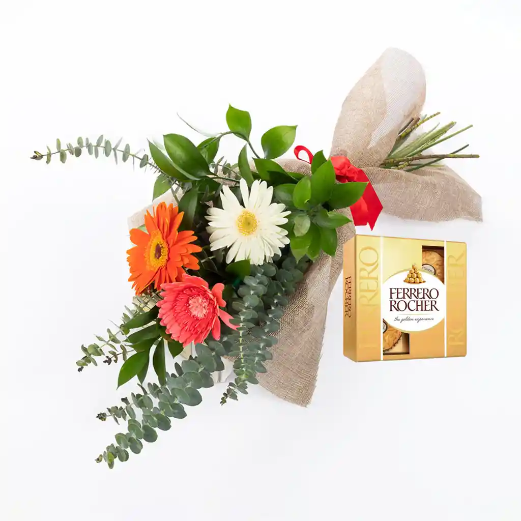 Bouquet 3 Gerberas Combo Chocolate Con Ferrero Rocher Pequeño