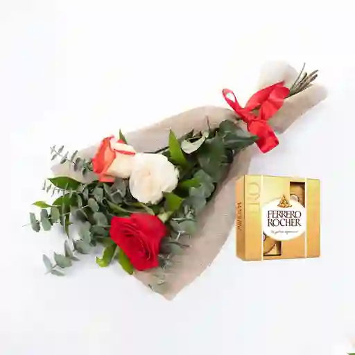 Bouquet 3 Rosas Mix Combo Chocolate Con Ferrero Rocher Pequeño