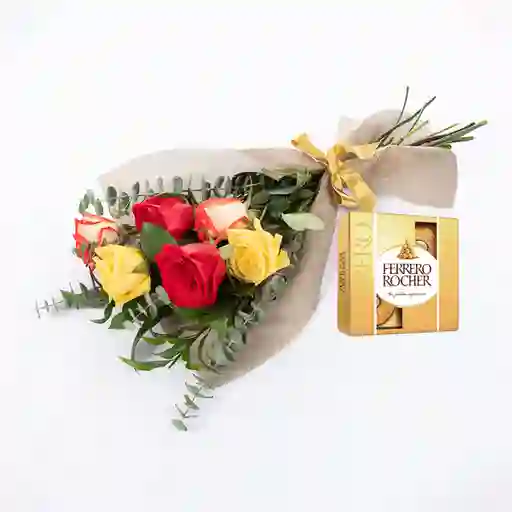 Bouquet 6 Rosas Mix Combo Chocolate Con Ferrero Rocher Pequeño