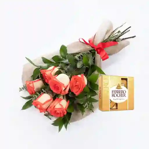 Bouquet 6 Rosas Rosadas Combo Chocolate Con Ferrero Rocher Pequeño